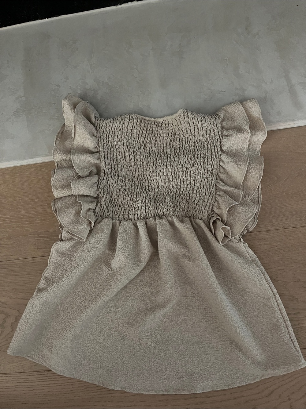 glam Taupe Smocked Knit Top with Ruffle Edge - Picture 5 of 5